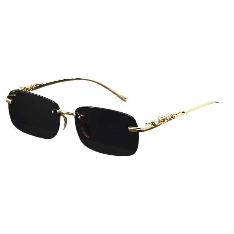 Trendy Men's Rimless Cut-Edge Sunglasses with Small Leopard Temple