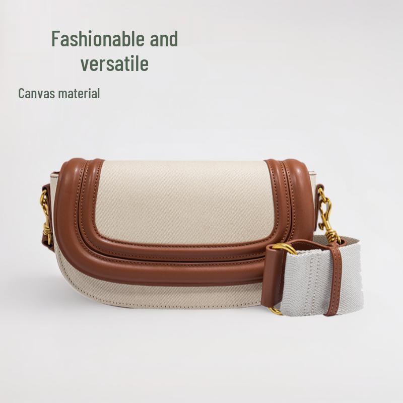 2024 Women's Color Block Saddle Bag: Fashionable Versatile Canvas with Wide Strap, Single Shoulder & Crossbody Style