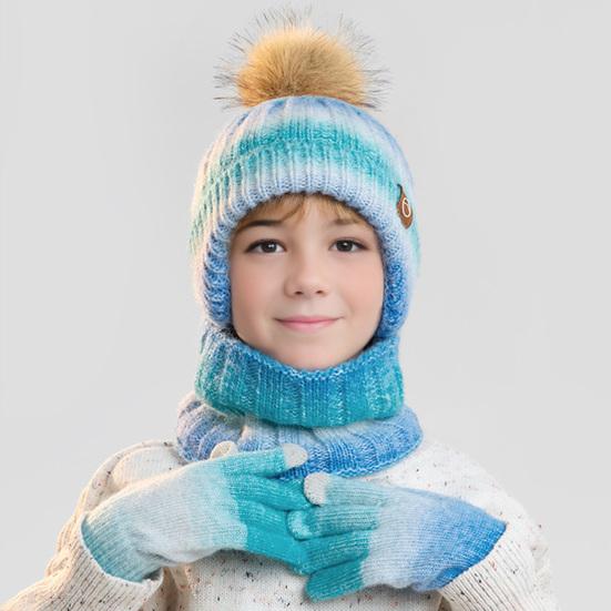 3Pcs/Set Kids Winter Knitted Scarf Gloves Set Pom Pom Ball Rainbow Color Brimless Hat Touchscreen Gloves Neck Warmer Set