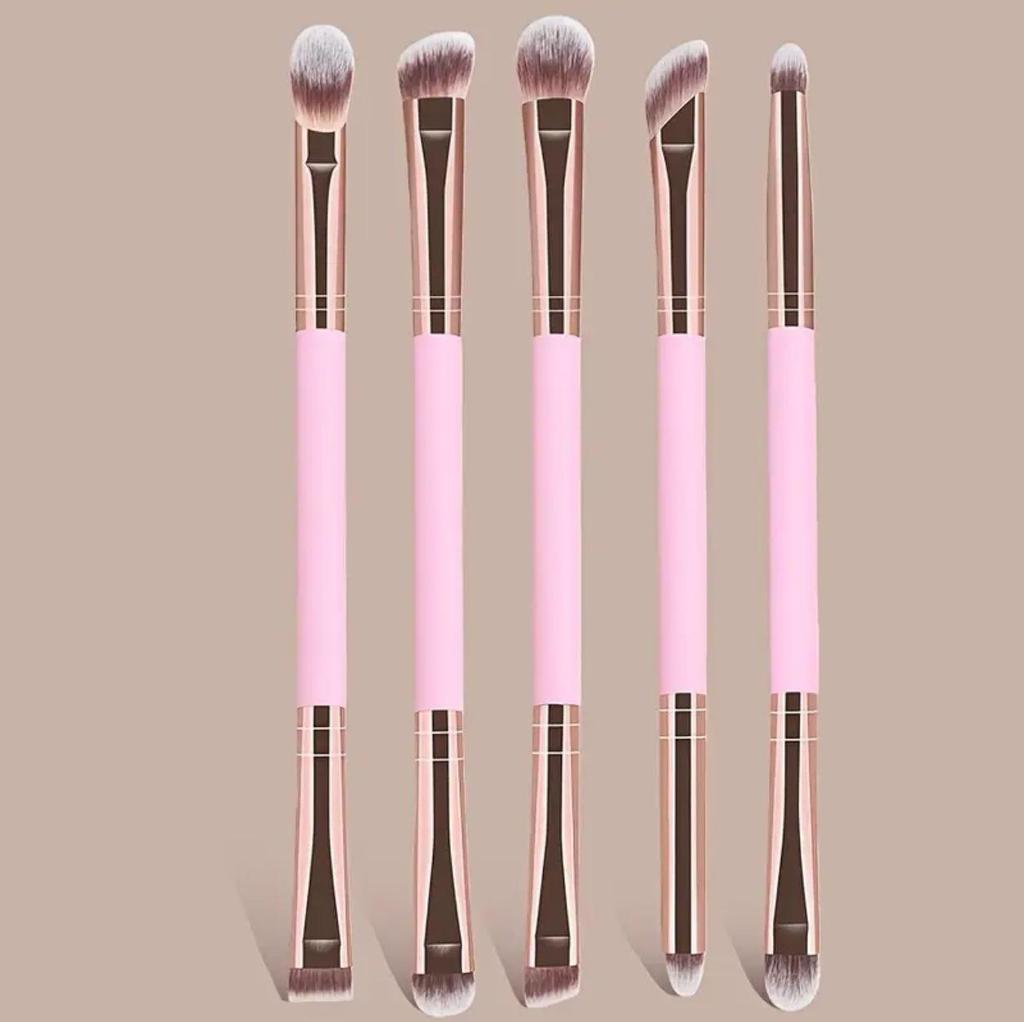 5 Double-Ended Makeup Brushes: Foundation, Blush, 3-Color Contour, Soft Bristle, Loose Powder, Beauty Tool Set