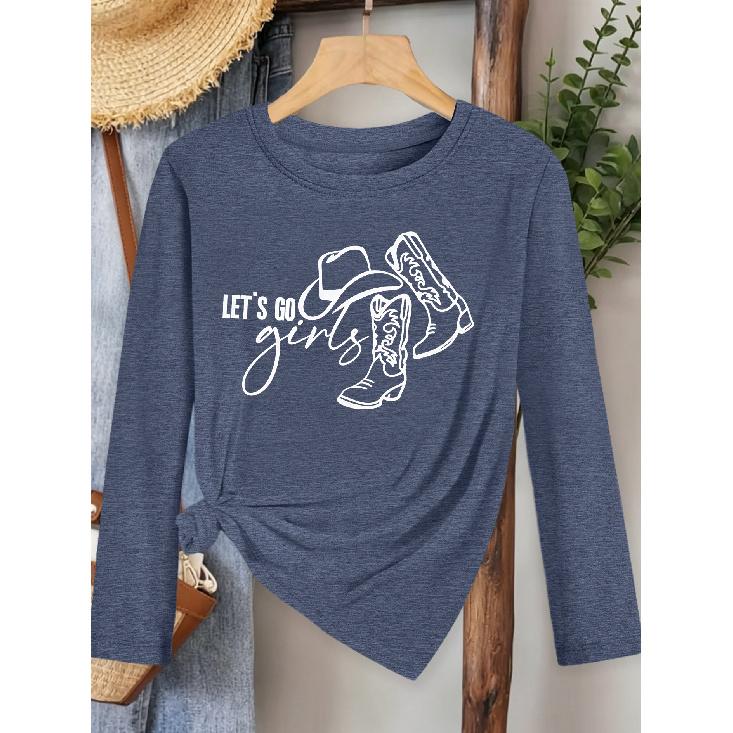 Elegant long-sleeved dress for women LET S GO GIRLS Cowboy hat, leather boots, printed round neck Comfortable, soft, and breathable new model S