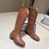 Fashion 2025 New Embroidery Pointed Toe Western Boots Women Slip on Thick Heels Mid Calf Boots Woman Brown Flock Cowboy Botas Mujer D21