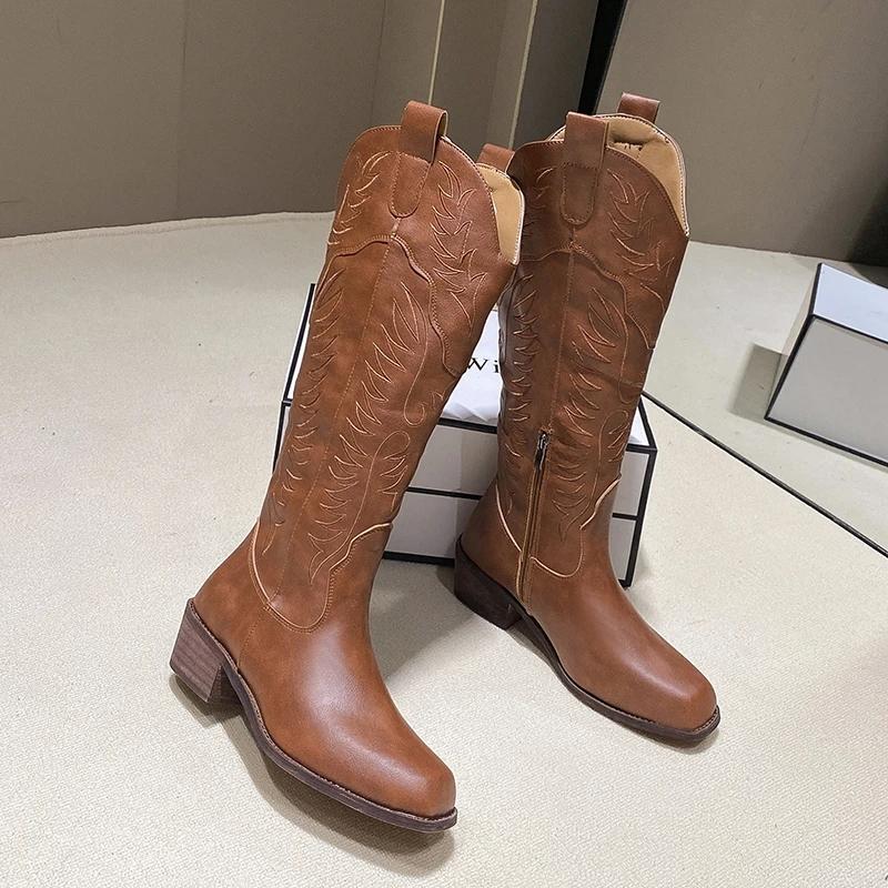 Fashion 2025 New Embroidery Pointed Toe Western Boots Women Slip on Thick Heels Mid Calf Boots Woman Brown Flock Cowboy Botas Mujer D21