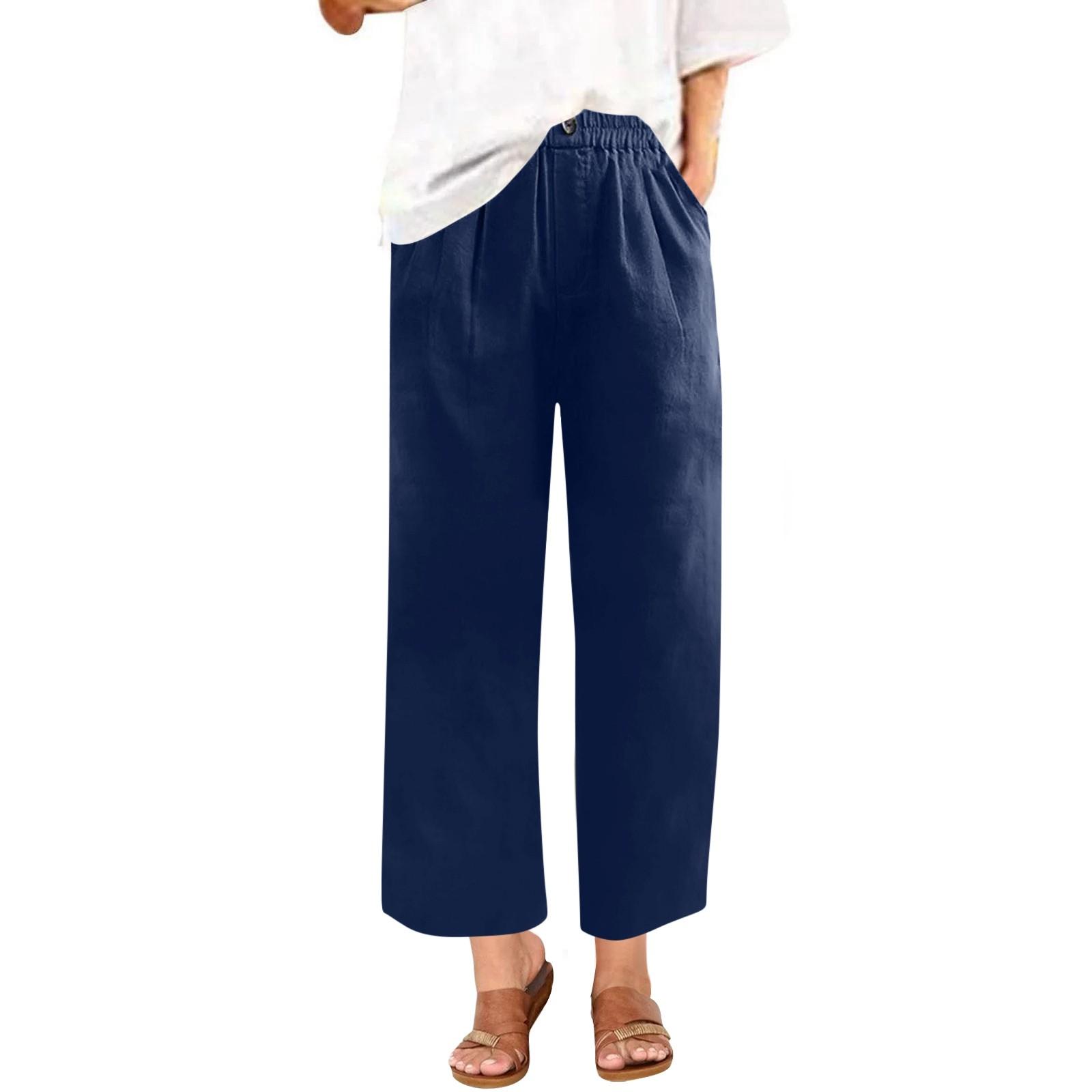 

Жіночі модні однотонні повсякденні штани з кишеньковою гумкою на талії M Темно-синій