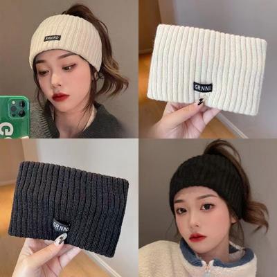 Damen-Haar-Stirnband für Herbst und Winter, Strick-Stirnband mit doppeltem Verwendungszweck, mit Buchstaben, breiter Kante, lässiges, einfarbiges Herbst- und Winter-Stirnband