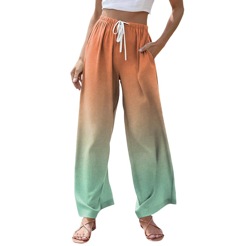 Women's Casual Gradient Print Wide Leg Drawstring Pocket Beach Casual Pants