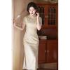Retro Style Champagne Short-sleeved Jacquard Cheongsam 1011 Summer New Temperament Elegant Improved Lady Fan