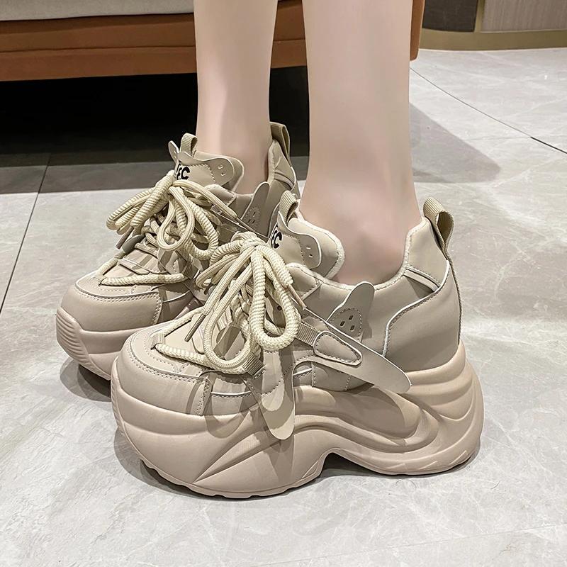 Fashion Autumn Winter Warm Chunky Sneakers Women Lace Up Platform Sports Shoes Woman Thick Bottom High Heels Female 10CM Wedges Sneakers