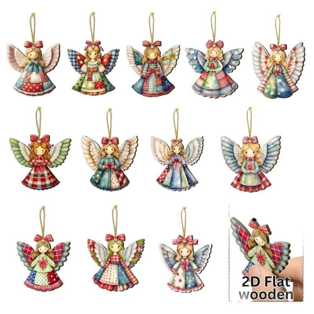 12 pièces Décoration Sapin de Noël Design Coloré Pendentif en Bois en Forme de Fille Décoration de Maison Décoration de Noël Hiver
