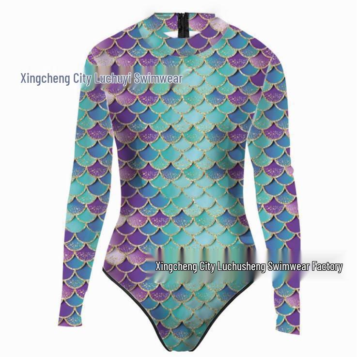 Mermaid Style 3D Fish Scale Women's Long Sleeve One-Piece Swimsuit