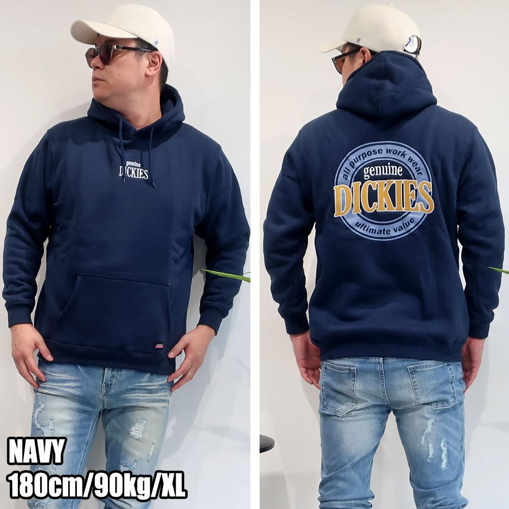 GENUINE Dickies Men's Fleece-Lined Pullover Hoodie with Back Print, Anti-Pilling, and Hoodie, Sizes M, L, and XL, 10001729 (JP, Alphabet, M, Navy)