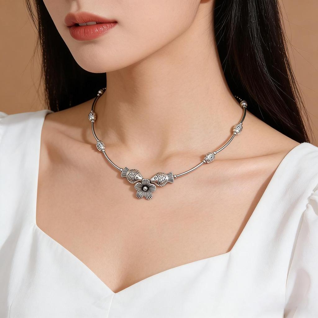 Vintage Sterling Silver Fish Beaded Clavicle Necklace - Elegant and Versatile Design