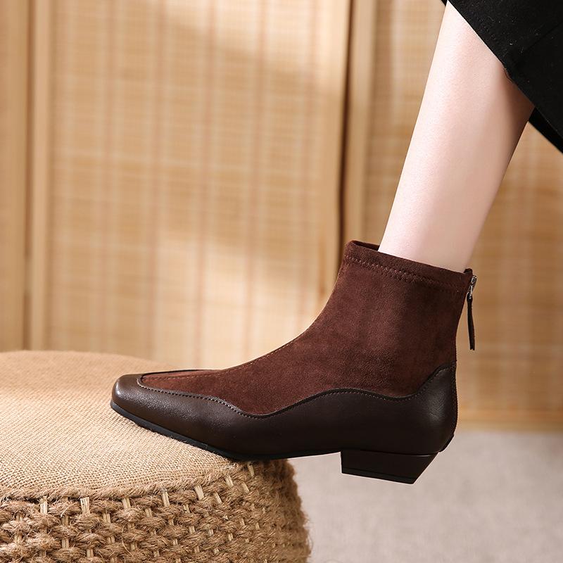 Giant Skinny~ Minimalist Wind Square Head Suede Splicing Leather Short Boots Women's 2025 Height Increasing Naked Boots Elastic Skinny Boots