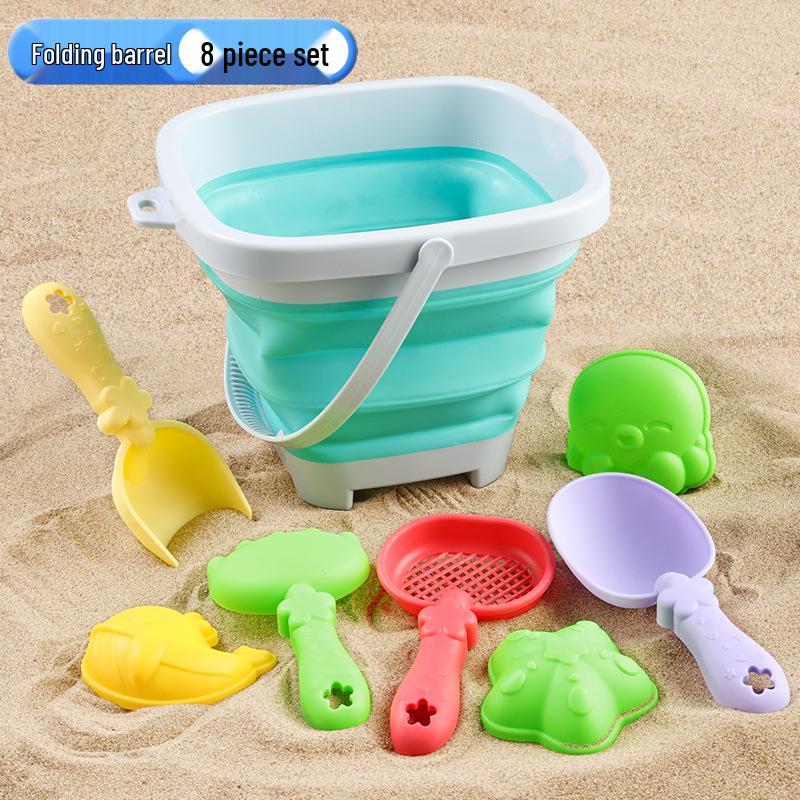 Cross-border Kid's Beach Toy Set: Folding Bucket, Shovel, Sand Tools & Sandglass Accessories