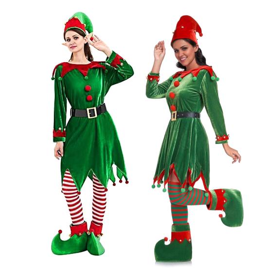 Kids Christmas Elf Costume Green Velvet Dress with Hat Shoes & Accessories for Boys Girls Holiday Play Outfit for School Performances Parties