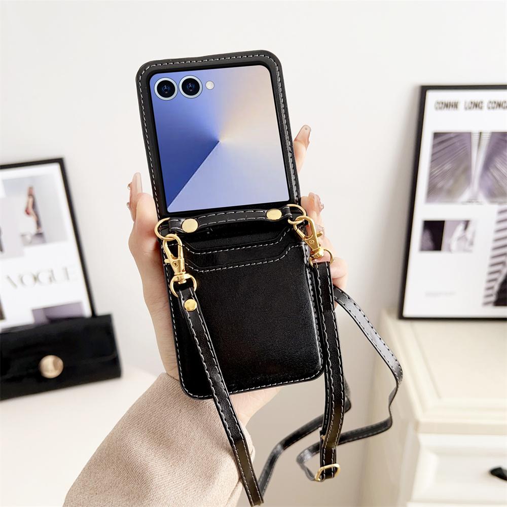 Crossbody Cards Solt Wallet Leather Phone Case for Samsung Galaxy Z Flip 7 FE 6 5 4 Flip6 Flip7 Hand Strap Lanyard Pocket Cover