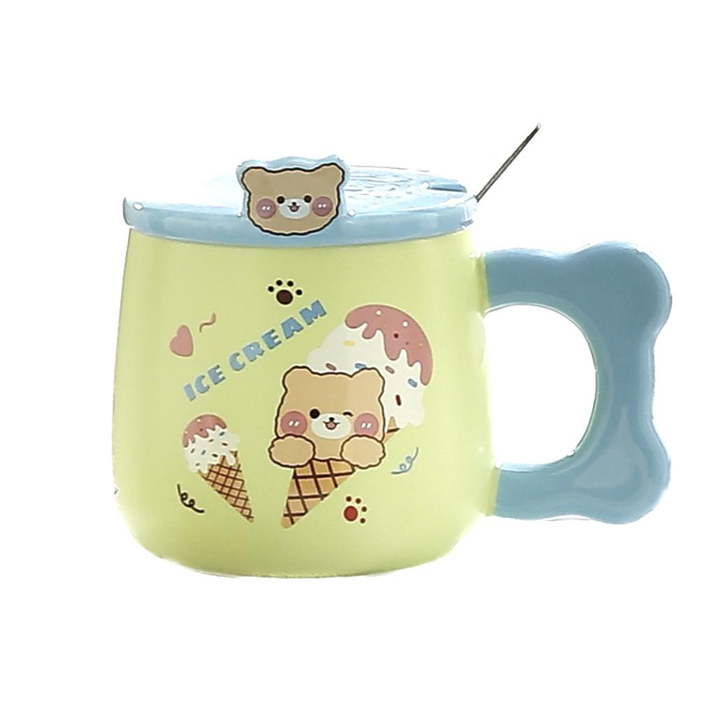 Tasses Céramiques Dessin Animé Mignonnes et Jolies Tasses Ours Tasses à Eau Ménagères pour Couple Tasses à Café avec Cuillères Couvertes Tasses à Lait