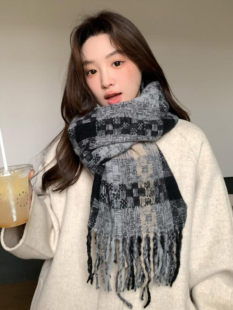 New Knitted Retro Scarf Headscarf Winter Women Men Preppy Plaid Tassel Warm Scarve Pashmina Mujer Female Male Wrap Shawl Unisex
