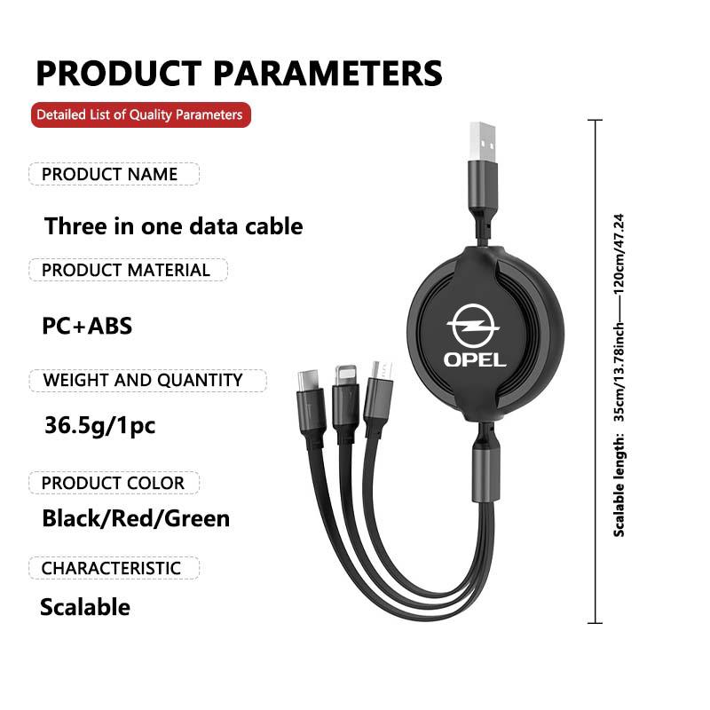 Car 3 In 1 Retractable Micro Data Wire USB Type C Fast Charging Cable For Opel ADAM ASTRA J K CORSA E INSIGNIA MOKKA VIVA Meriva