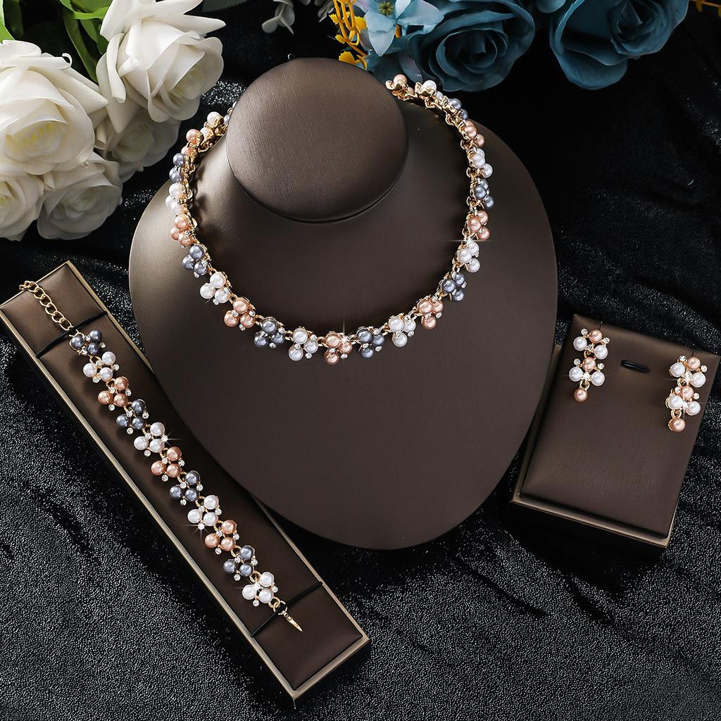 4PC Women's Fashion Simple Imitation Pearl Rhinestone Necklace Earrings Zircon Set, Suitable for Wedding, Party, Festival Gifts