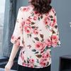 Elegant Fashion Floral Printed Bow Drawstring Chiffon Shirt Summer 2023 V-Neck Three Quarter Sleeve Slim Blouse Women's Clothing