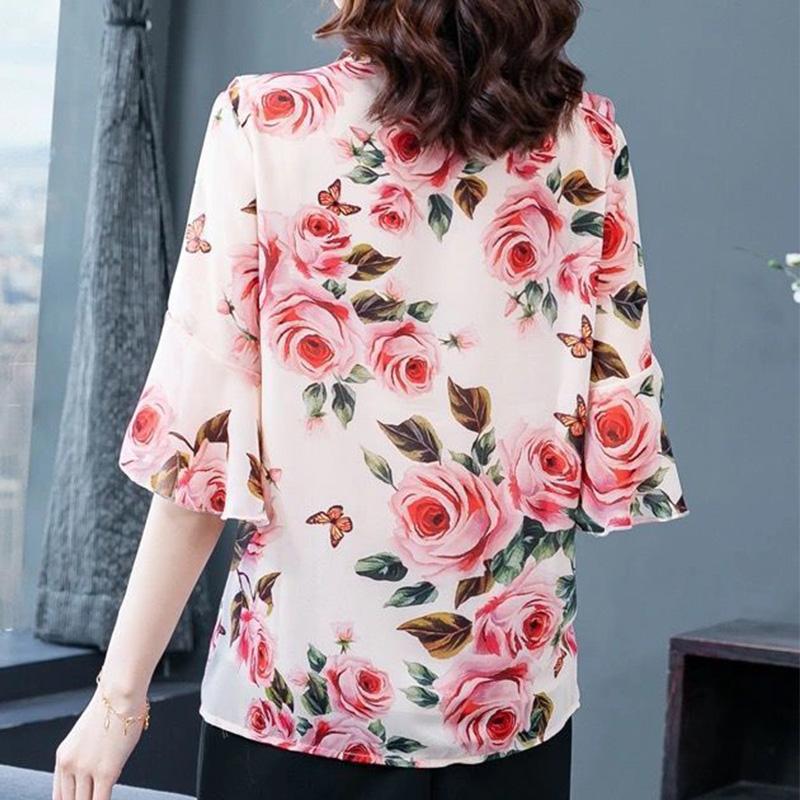 Elegant Fashion Floral Printed Bow Drawstring Chiffon Shirt Summer 2023 V-Neck Three Quarter Sleeve Slim Blouse Women's Clothing
