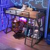 Loft Bed, 90 x 200 cm, Iron Frame, with Light Strip, Socket, Clothes Hanging Area, Desk, Storage, Shelves, Open Space, without Mattress, Black