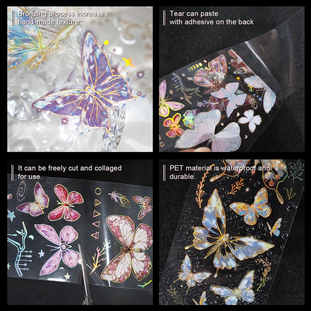 Gugu Forest Ice Crystal Butterfly PET Tape Series - Single Roll Decorative Stickers (4 Designs)