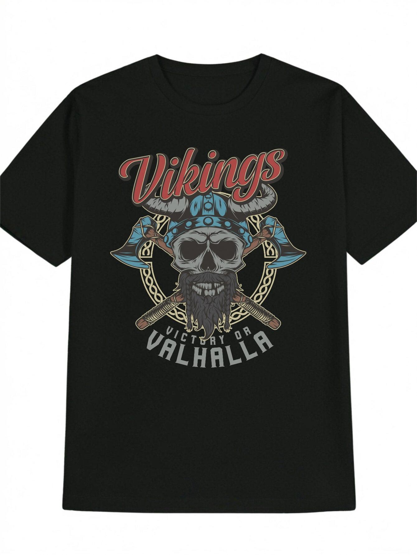 Casual Viking Skull Graphic T-shirt - Black Crew Neck S