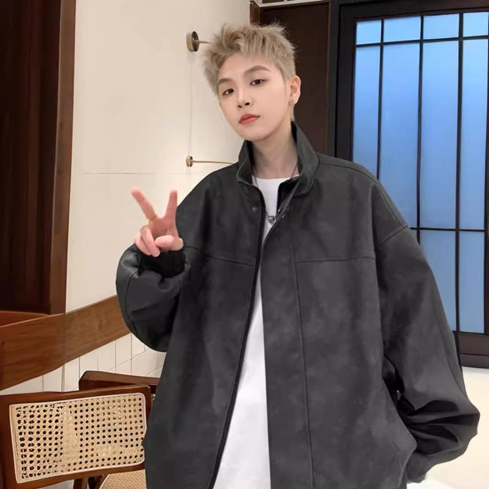 pu leather jacket men's spring new American retro high street trendy brand ruffian handsome high-end loose stand-up collar jacket