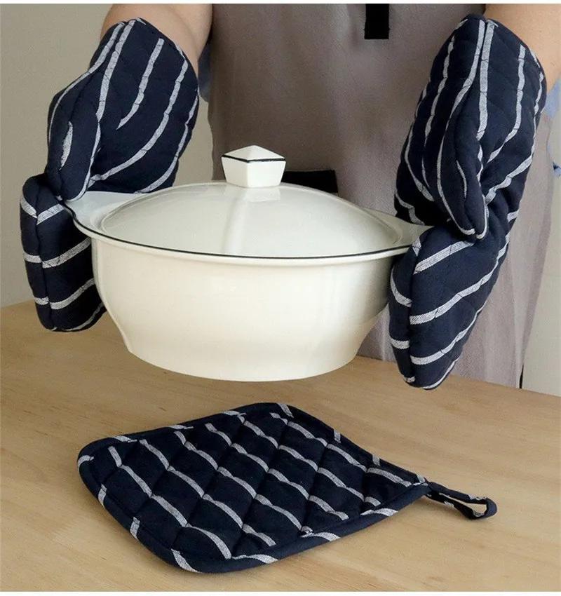 1Pc Striped Cotton Microwave Oven Gloves Insulation Pad Table Mat Sleeve Set Heat Resistant Mitts Baking Cooking Tool
