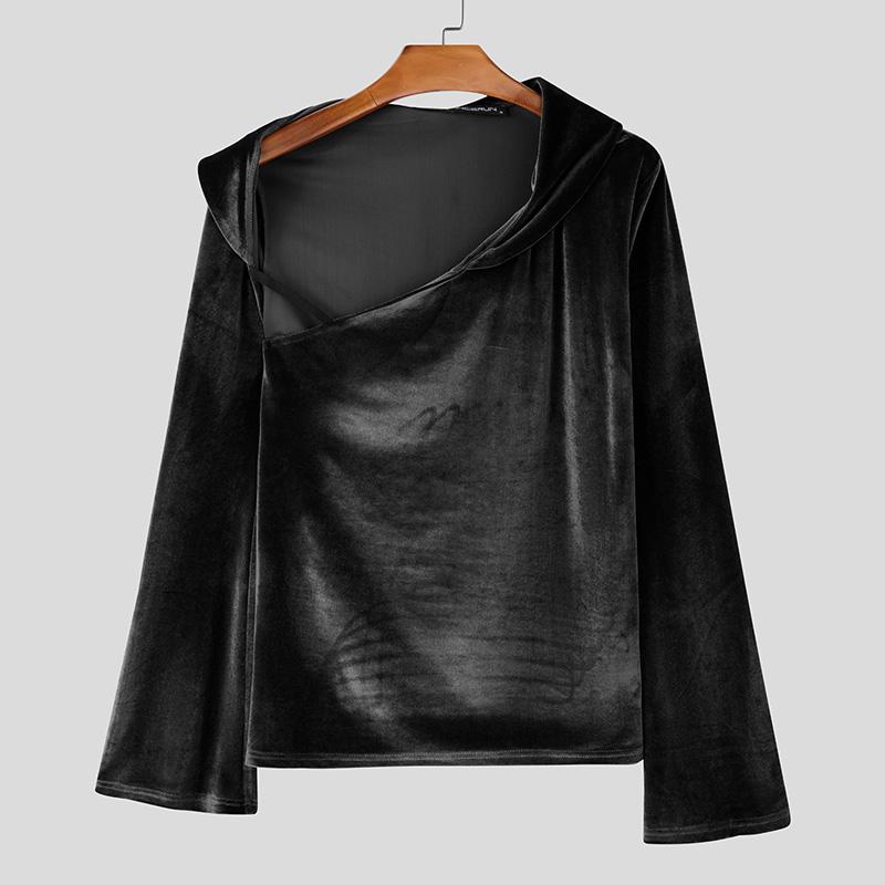 

INCERUN Мужские покатые плечи Длинные рукава Бархатные облегающие топы Футболки для вечеринок 3XL чёрный