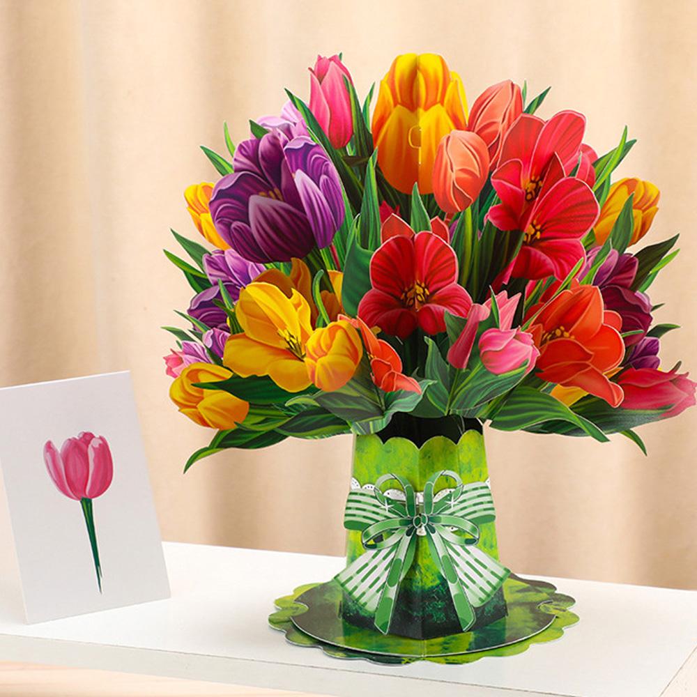 Premium 3D Pop Up Flower Bouquet Card Mothers Day Present Valentines Day Anniversary Birthday Greeting Cards Thank You Wishes Gifts