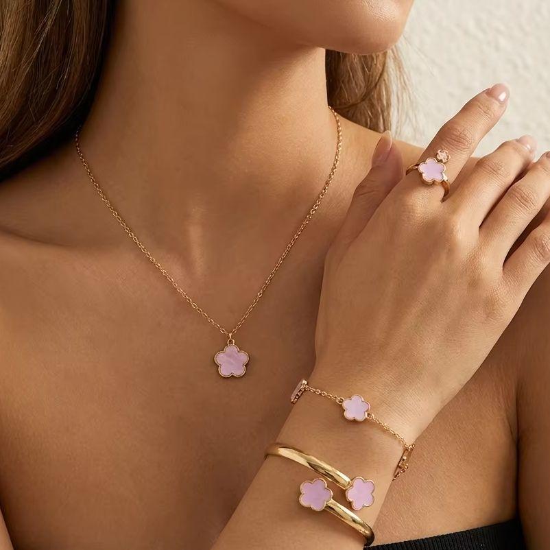 Sweet Sakura Cherry Blossom Necklace Set for Women Trend Gold Color Flower Chain Earrings Bracelet Ring Aesthetic Jewelry Gift