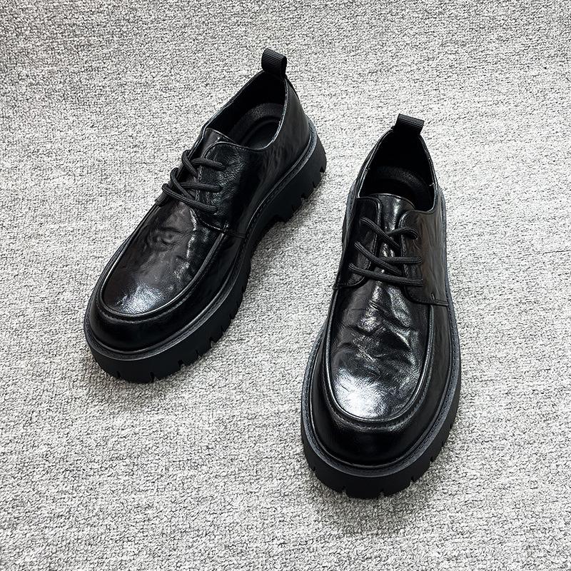 2025 spring new men's casual business platform heightening big head leather shoes men's black lace-up leather derby shoes