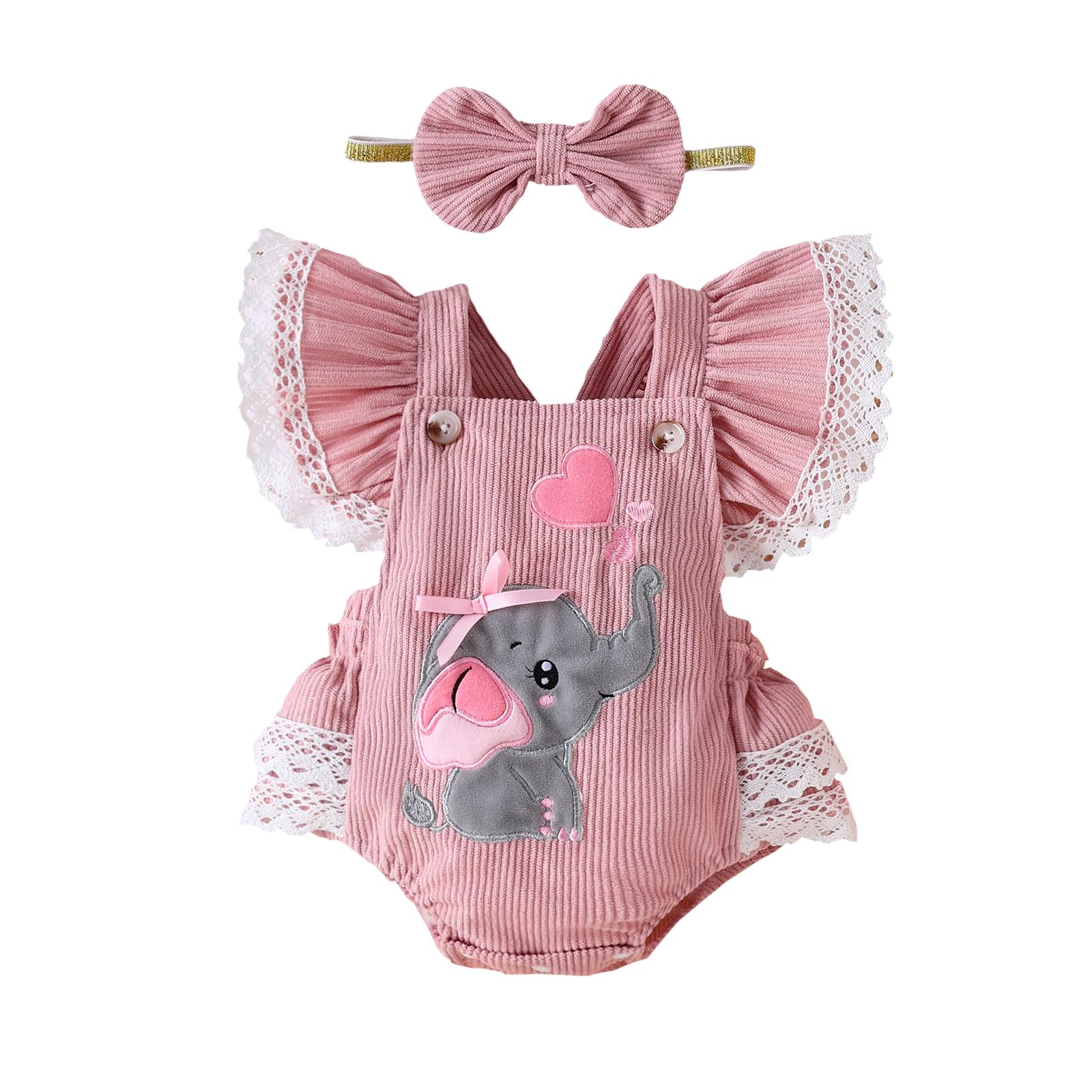 

Набір для новонародженої дівчинки, ромпер з вишивкою слоника та сердечка з рукавами-крильцями та пов язкою на голову, одяг на День святого Валентина 0-3 Months