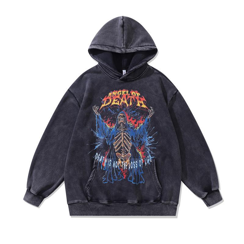 American High Street Skull Direct Injection Printed Hoodie Retro Old 430G Cotton Loose Wash Sweater Men