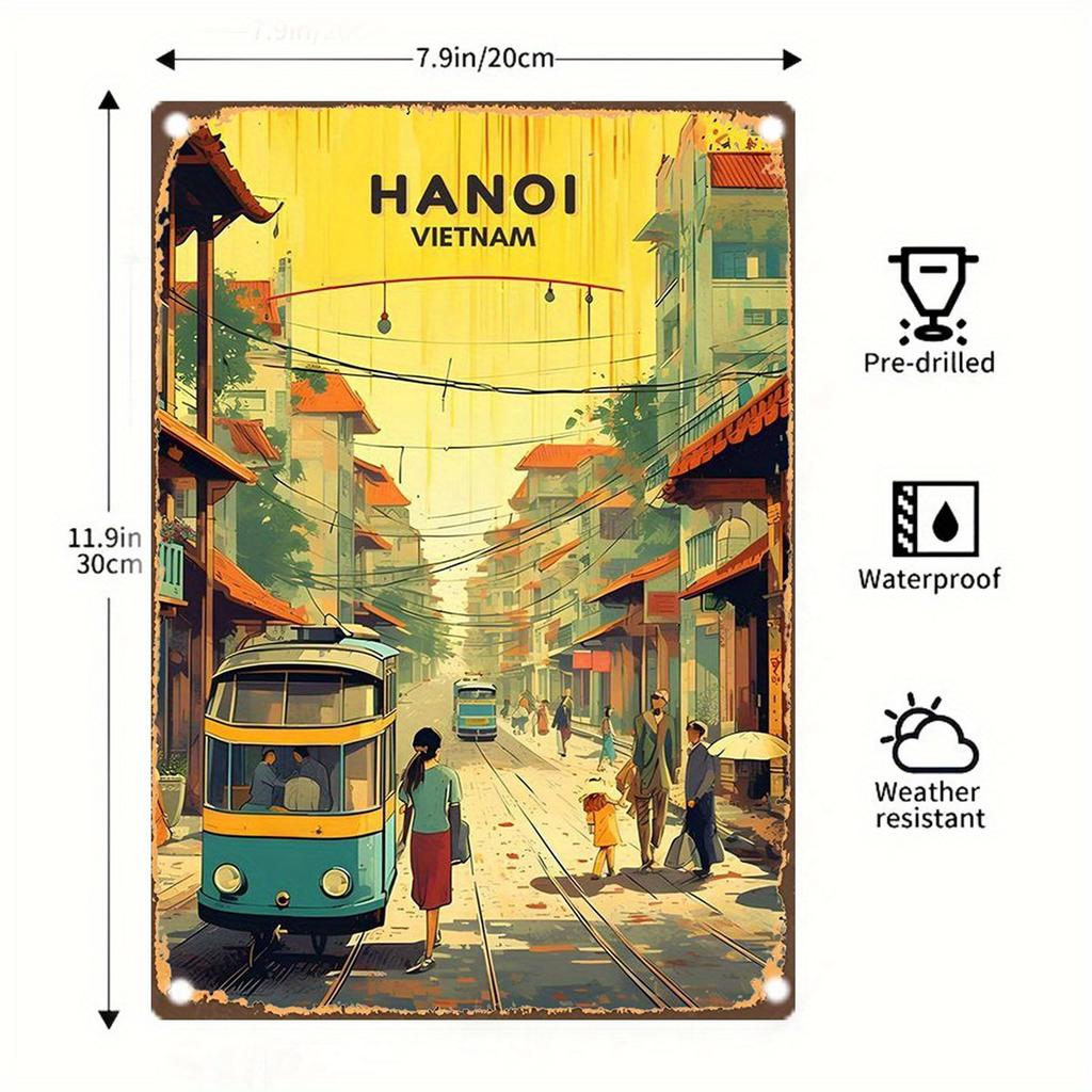 Piatto 2D - Segno Metallico Scena di Strada Vintage di Hanoi Vietnam - 20,32x30,48 cm Arte da Parete Retrò, Decorazione Rustica in Ferro con Foro Pre-forato
