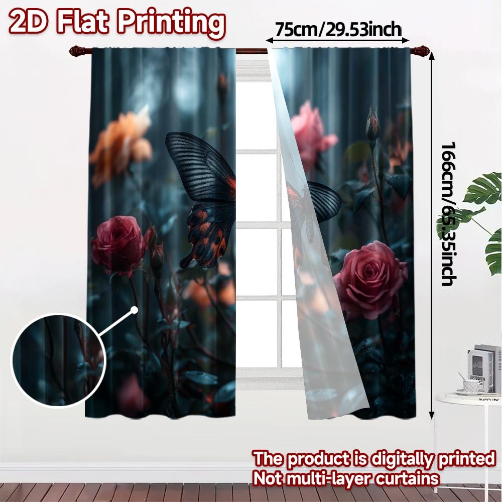 2pcs, 2D FLAT PRINTING Curtains (Without Rod) Butterfly Bloom Popular Fashionable Curtains Versatile Fabric Curtains Versatile