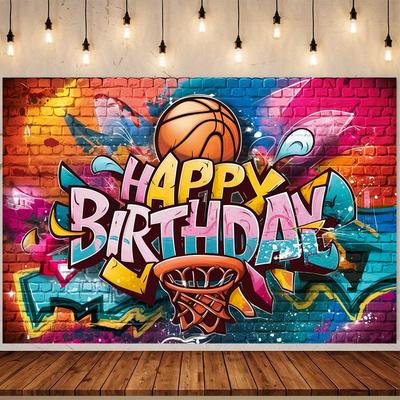 1 Item, Basketball-themed Happy Birthday Party Background Photo Props, Polyester Banner Decoration