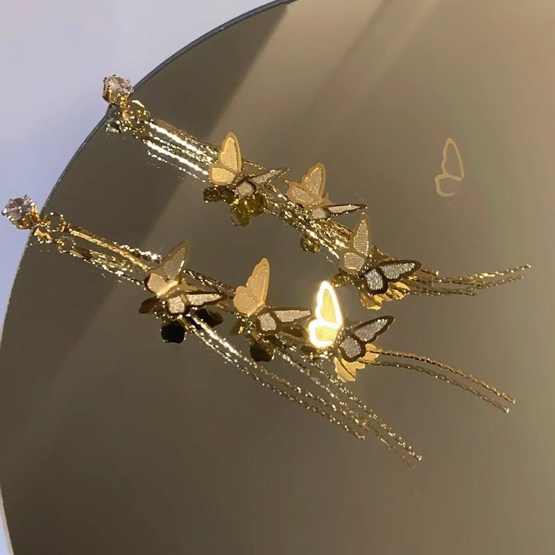 Mori series gentle face small fringed butterfly stud earrings niche design copper micro-inlaid light luxury exquisite long earrings