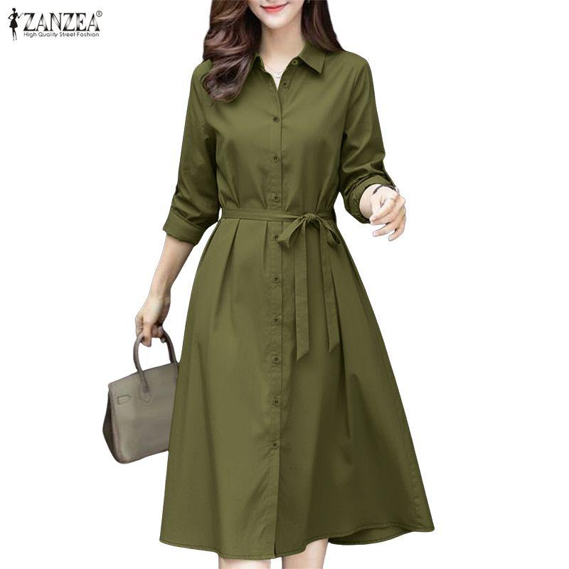 ZANZEA Damska luźna sukienka z długim rękawem i kołnierzykiem typu „sweet down”