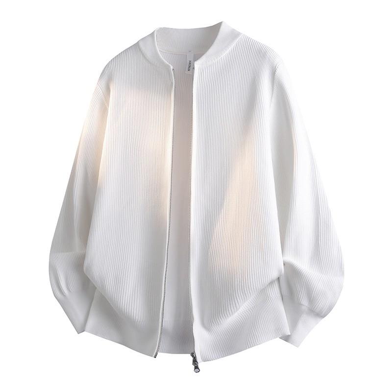 Mens Oversized Knit Cardigan With Baseball Collar Dual Zipper Casual Winter Sweater
