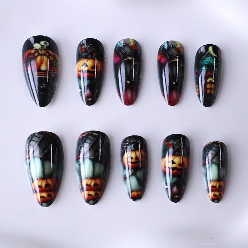 European And American Manicures Halloween Horror Pumpkin Haunted House Moon Long Almond Wearing Armor