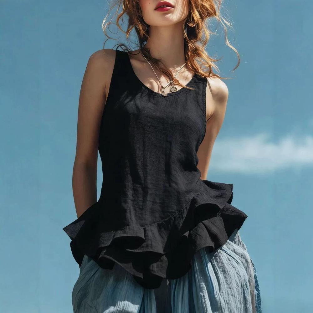 2026 Summer Women s Casual Comfortable Sleeveless Ruffled Dress S чёрный