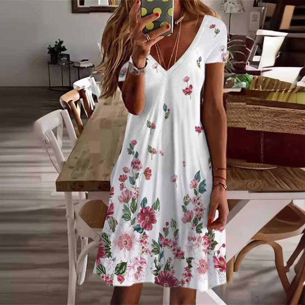 Women Summer Casual V Neck Flower Printed Holiday One Piece Dress