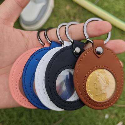 PU Leather Coin Holder Keychain Double Side Coin Display Case Medallion Sobriety Coin Recovery Chip Airtag Challenge Coin