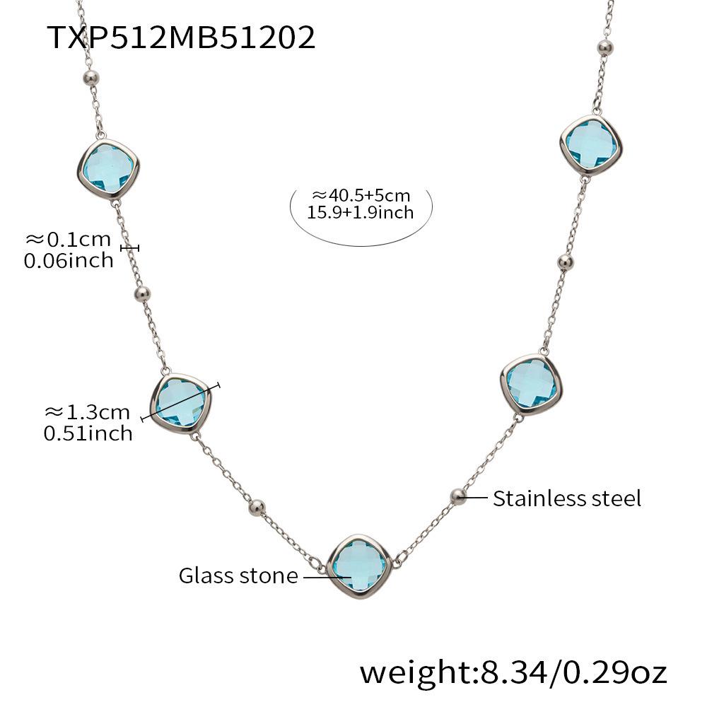 Stylish European & American Stainless Steel Jewelry Set with Square Faceted Glass Stones: Includes Bracelet, Necklace, and Earrings