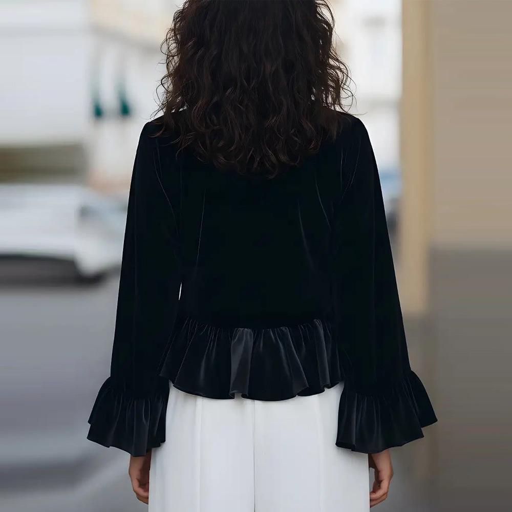 European & American Style Women's Velvet Ruffle Hoodie - Long Sleeve Solid Color Round Neck Plush Top