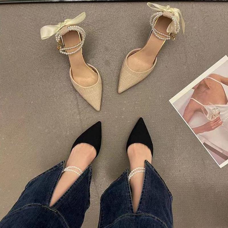 High heels stiletto women's spring and summer new pearl anklet straps fairy fashion bag head temperament sandals
